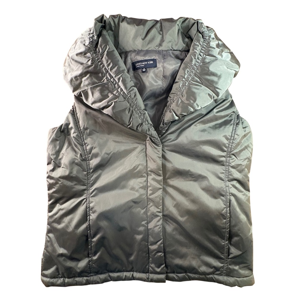Jones New York Puffer Vest Womens Medium Gray Excellent Ruched Collar Metallic